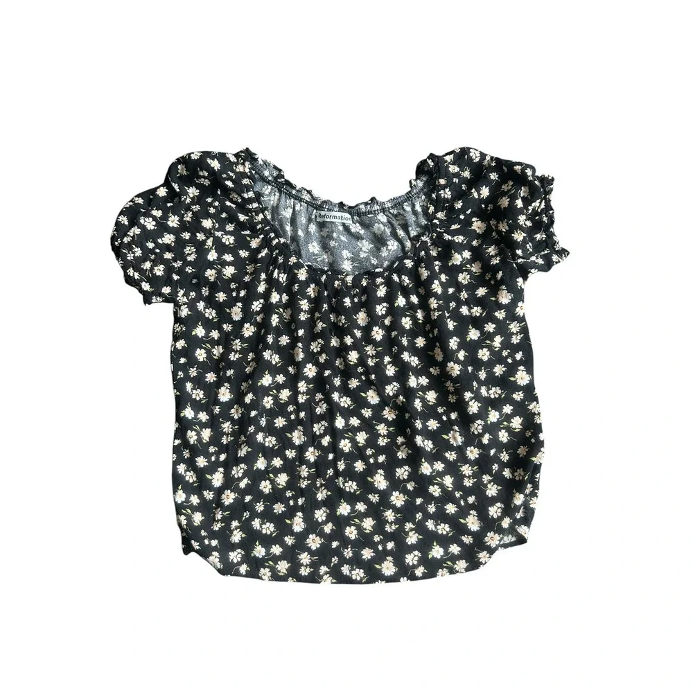 Reformation Cheyanne Top Haley Black Floral Puff Sleeve Scoop Neck Blouse Small